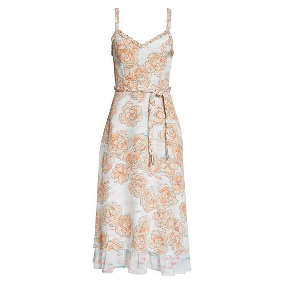 Dyvna Chacha Dress Womens Size 10 Peach Floral Braided Strap Belted Silk Midi - Picture 5 of 16